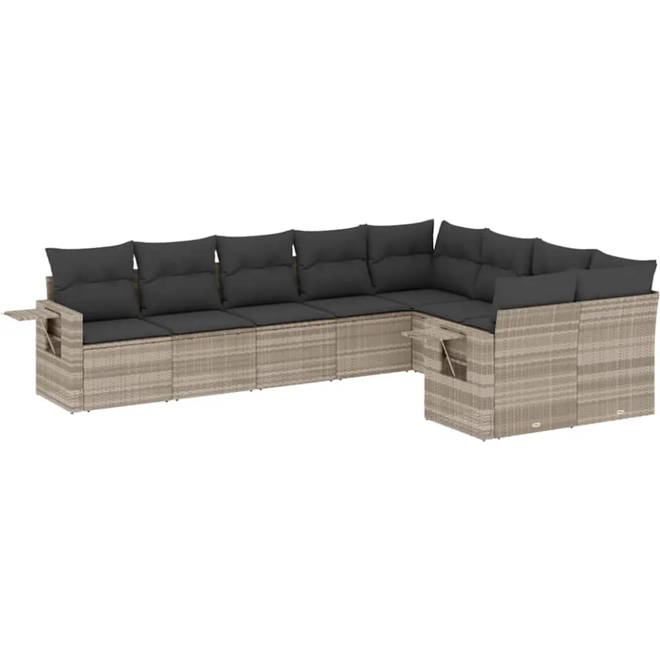 vidaXL 9-delige Loungeset met kussens poly rattan lichtgrijs grijs