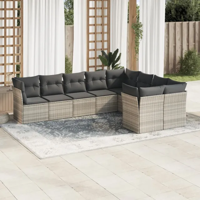vidaXL 9-delige Loungeset met kussens poly rattan lichtgrijs grijs, foto 2