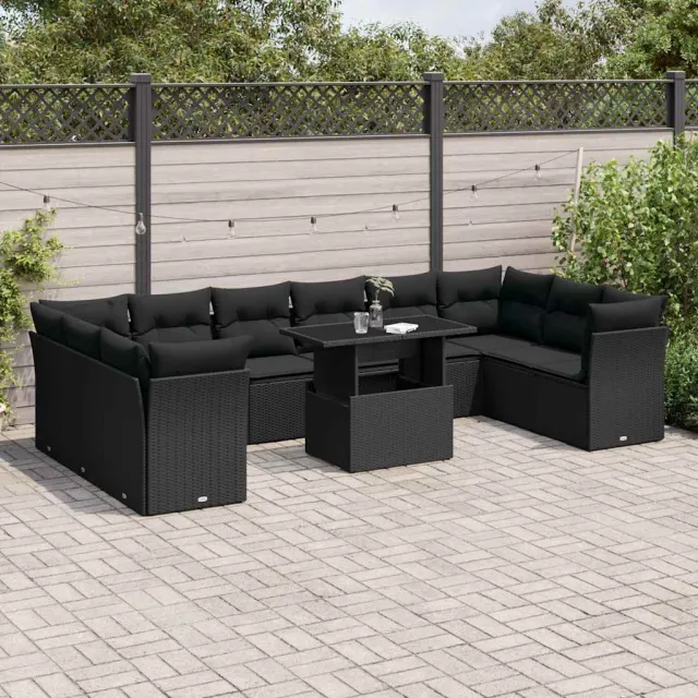 vidaXL 11-delige Loungeset met kussens poly rattan zwart, foto 2