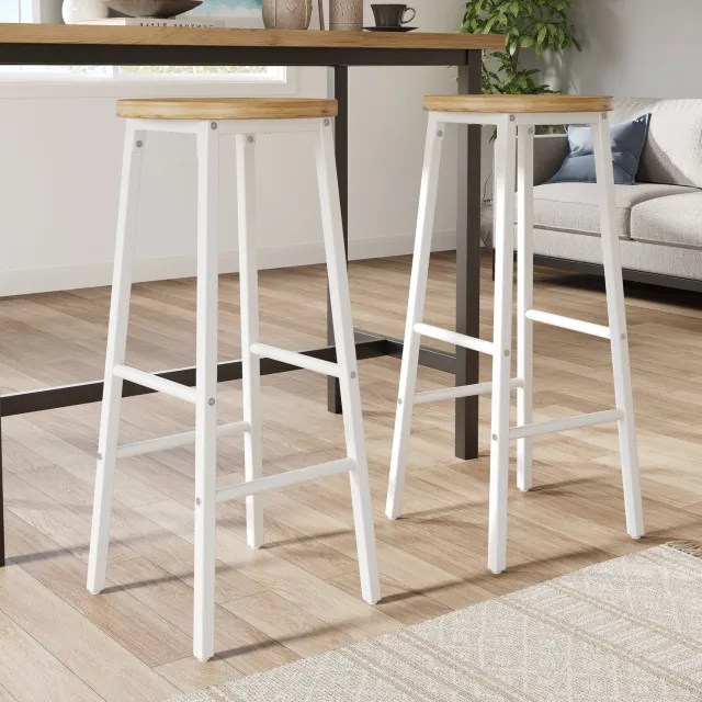 Maisentiel Barkruk met houtlook zitting – 70 cm hoog – wit metalen onderstel