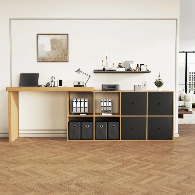 MODFU Hoekbureau - 360° Draaibaar - 120x48 cm - Met Opbergruimte (4 Laden & 4 Vakken) - Modern Design - Voor Thuiskantoor - MDF - Zwart en Eikenkleur - Bureau Met Opbergruimte Zwart+Eiken