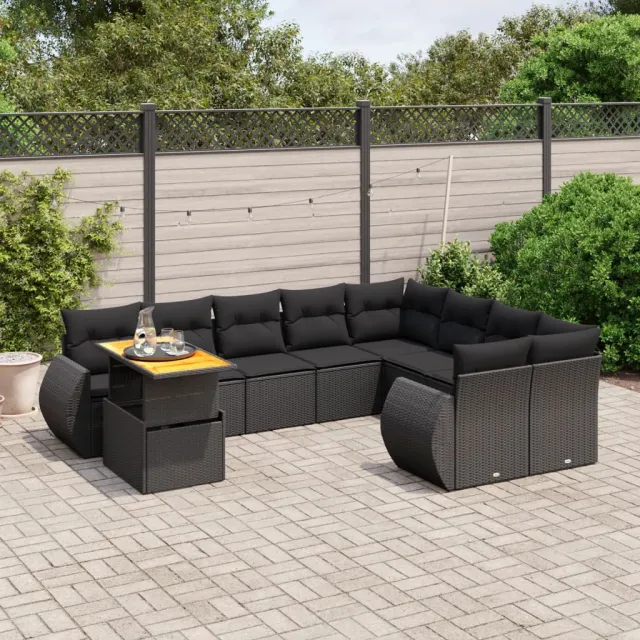 vidaXL 10-delige Loungeset met kussens poly rattan zwart, foto 2