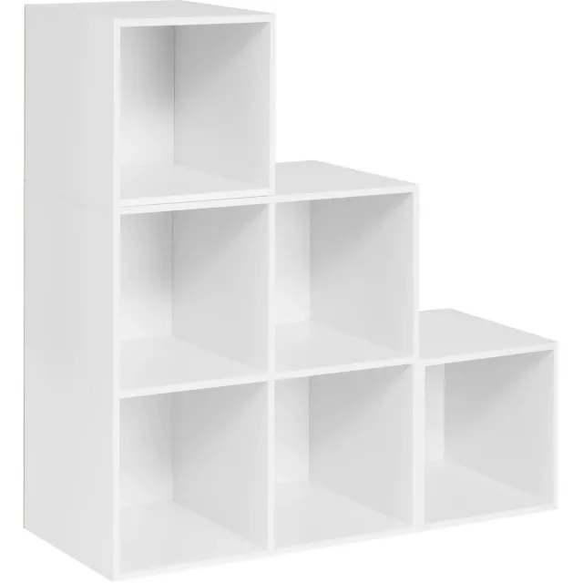 Klarven Boekenkast Wit - Trapvormige Boekenkast - Boekenkastje - Boekenkasten - Bookcase - 6 Vakken Opbergruimte, Trapvorm Modern Design, Verplaatsbare Kubussen - B90xh90xd30cm