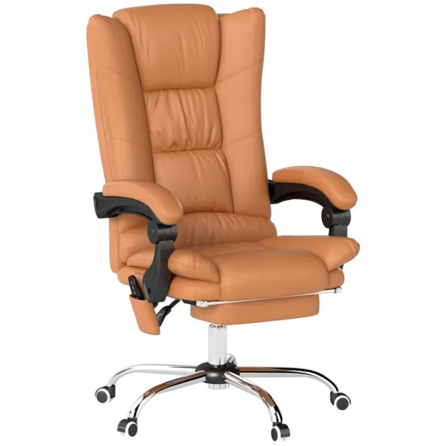 Merax Massage Bureaustoel met Verwarming – Verstelbare Rugleuning en Uittrekbare Voetsteun – Ergonomische Luxe PC Stoel – Hellbruin bruin