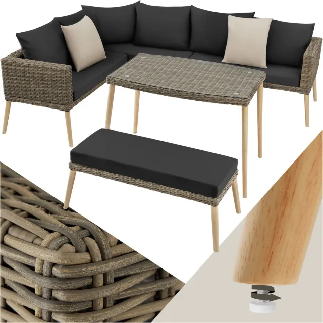 Tectake Aluminium wicker lounge - Tuinmeubelset met hoekbank, bank en tafel - Zitgroep voor tuin, balkon en terras - Balkonmeubelbankstel met dikke kussens en sierkussens - Bruin