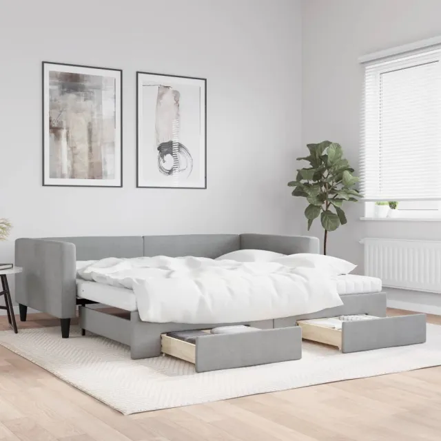 vidaXL Slaapbank onderschuifbed en lades 100x200 cm stof lichtgrijs grijs