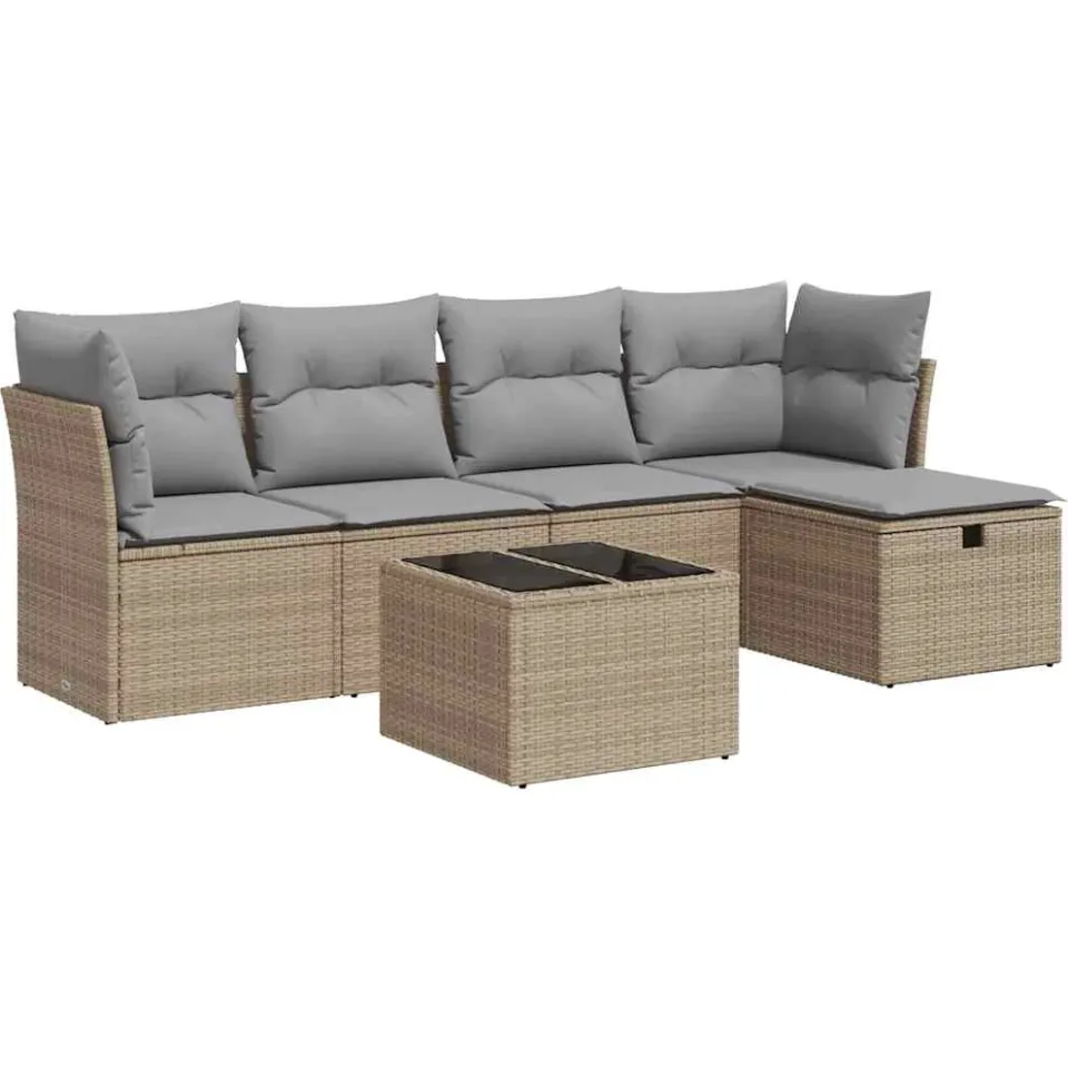 vidaXL 6-delige Loungeset met kussens poly rattan beige, foto 3