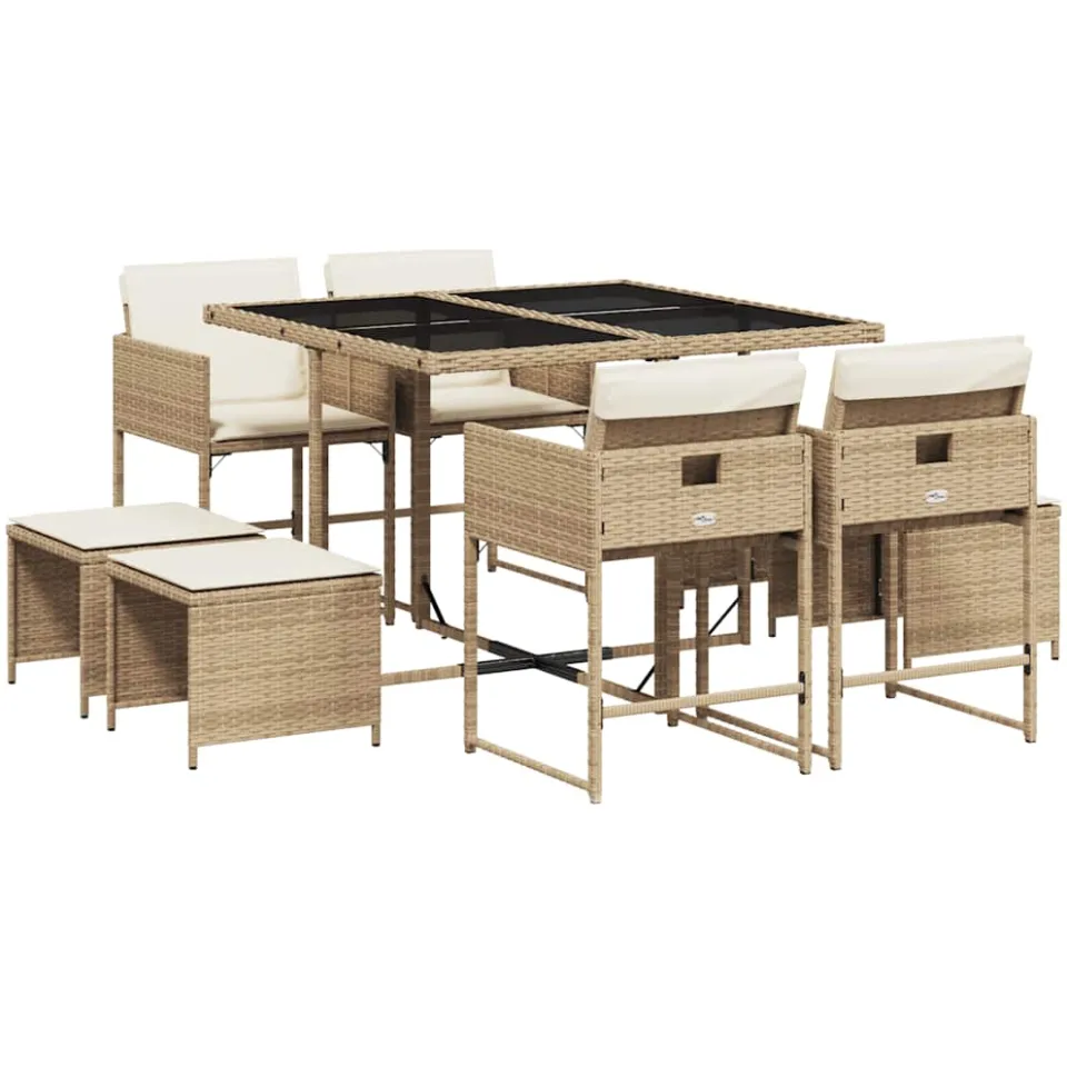 vidaXL 9-delige Tuinset met kussens poly rattan beige, foto 3