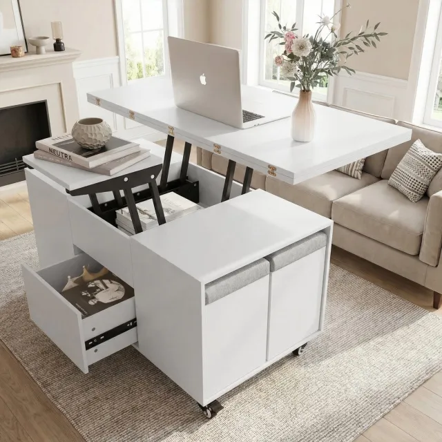 VOWNER in hoogte verstelbare salontafel, 4-in-1 multifunctioneel Wit