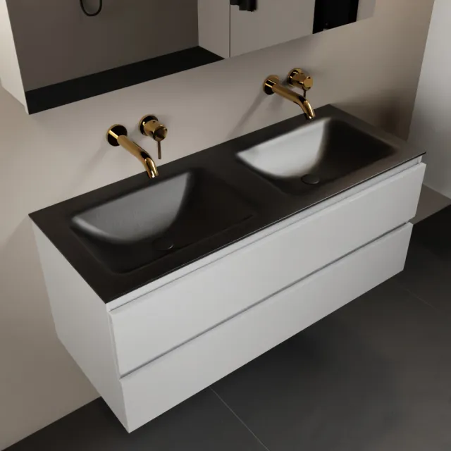 Mondiaz AIVY 120cm badmeubel Talc, wastafel Urban solid surface dubbel zonder kraangat met spiegelkast (AI-351651URBAN-NO - AI-M120TADU - AI-C120TAMI)