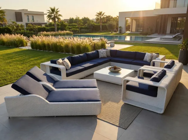 Vonato Loungeset 11-delig | Wit Wicker & Donkerblauwe Kussens | incl. 2 Daybeds | Aluminium Frame | incl. Koffietafel White / donkerblauwe