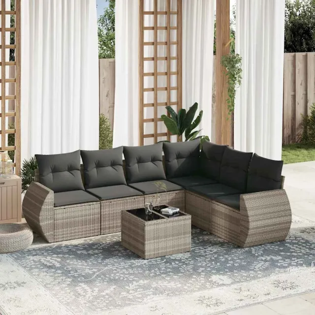 vidaXL 7-delige Loungeset met kussens poly rattan lichtgrijs grijs, foto 2