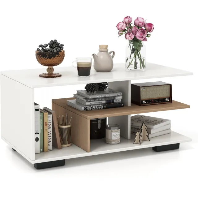 Costway Salontafel met opbergruimte, rechthoekige woonkamertafel retro met L-vormige middenplank, 3-traps geometrische koffietafel voor woonkamer, ontvangstruimte, 90 x 50 x 42 cm (natuur+wit) Natuurlijk + wit