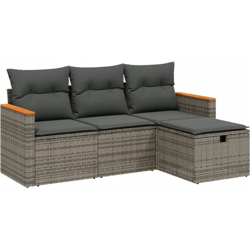 vidaXL 4-delige Loungeset met kussens poly rattan grijs, foto 3