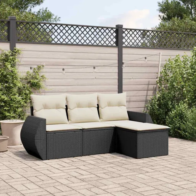 vidaXL 4-delige Loungeset met kussens poly rattan zwart, foto 2