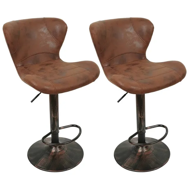 Whoopr® Set van 2 Retro Barkrukken – Bruine Kunstleren Barstoelen met Rugleuning – In Hoogte Verstelbaar & Draaibaar – Met Voetsteun voor Keuken, Kookeiland & Bar