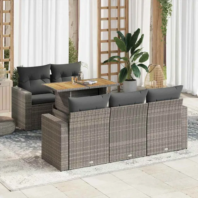 vidaXL 6-delige Loungeset met kussens poly rattan grijs, foto 2