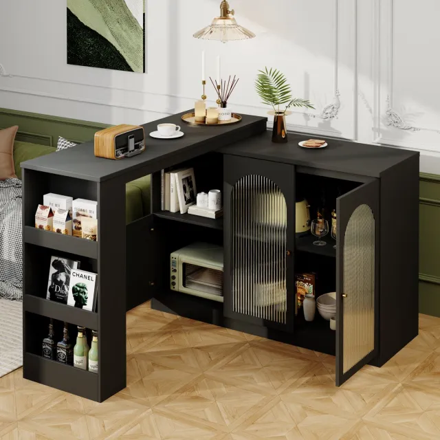 STILVORA Dressoir - 360° Draaibaar Barschrank Met Multifunctionele Opslag En Changhong Glasdeuren - Open Planken En Gesloten Kast - MDF - 120x40x97 cm - Zwart