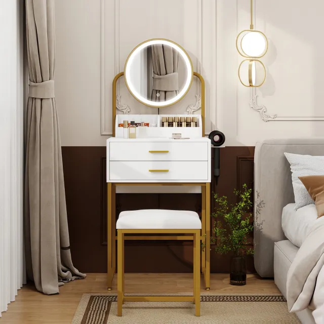 Puluomis Kaptafel - Ronde LED-spiegel - 2 lade - Krukje - Goud Metalen frame - 55x40x138cm Wit+Goud