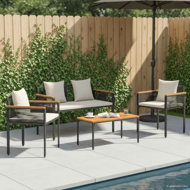 vidaXL Buitenmeubelset met kussen Zwart en Cream Wit poly rattan