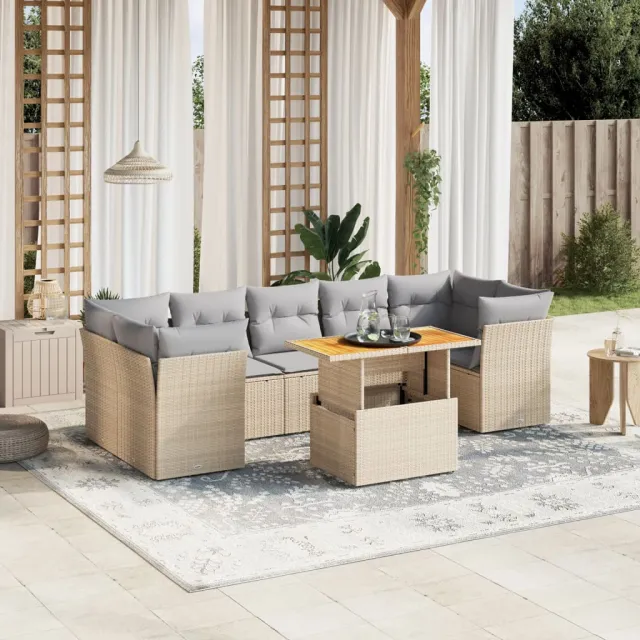 vidaXL 8-delige Loungeset met kussens poly rattan beige, foto 2