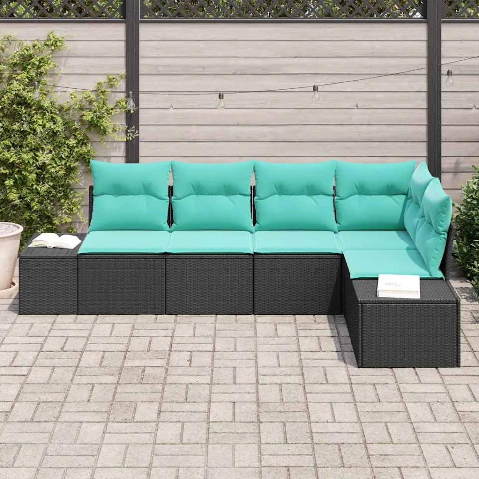 vidaXL Tuinbankenset 5 st Zwart en Turquoise poly rattan, foto 3