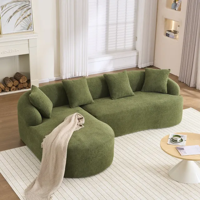 HAUSS SPOLE Hoekbank - Modulair Sofa Met Gebogen Longchair - Zonder Montage - Voor Woonkamer En Appartement - Chenille Groen Groente