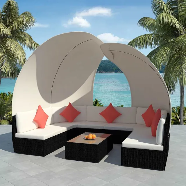 vidaXL 9-delige Loungeset met luifels poly rattan zwart