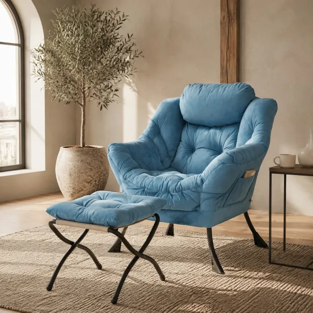 CHICFURN Fauteuil - Met hocker en zijvak - Metalen frame - Blauw