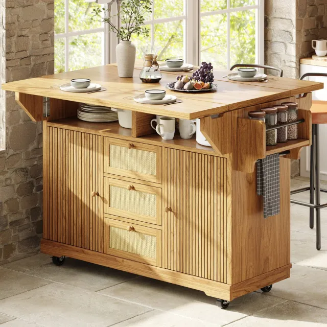 MODENUIT Keukeneiland Opklapbaar – 142,5 x 80 x 95 cm – MDF en Metaal – Natuurlijk Hout – Met Wielen Natuurbruin