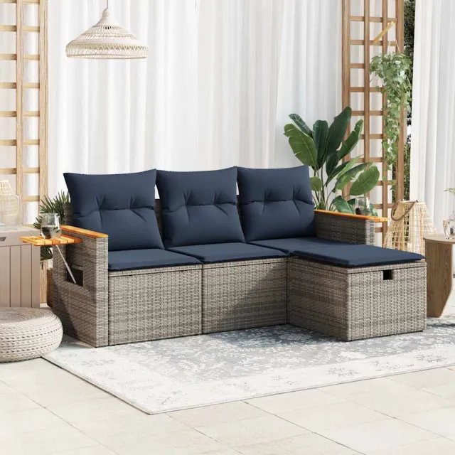 vidaXL 4-delige Loungeset met kussens poly rattan grijs, foto 2