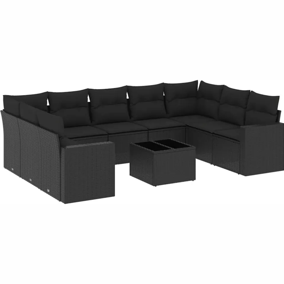 vidaXL 10-delige Loungeset met kussens poly rattan zwart, foto 3