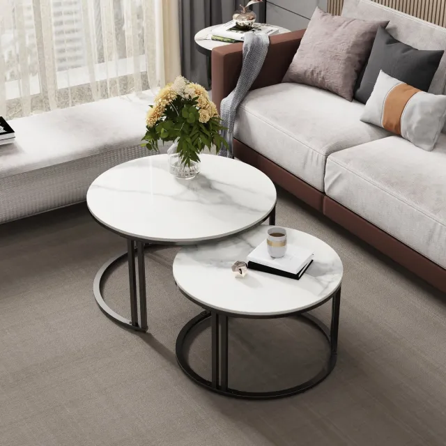 FATIVO Salontafels Rond - stapelbare Bijzettafel - set van 2 - wit Marmer Look - zwart metalen frame - Ø70 & Ø57cm glanzend wit