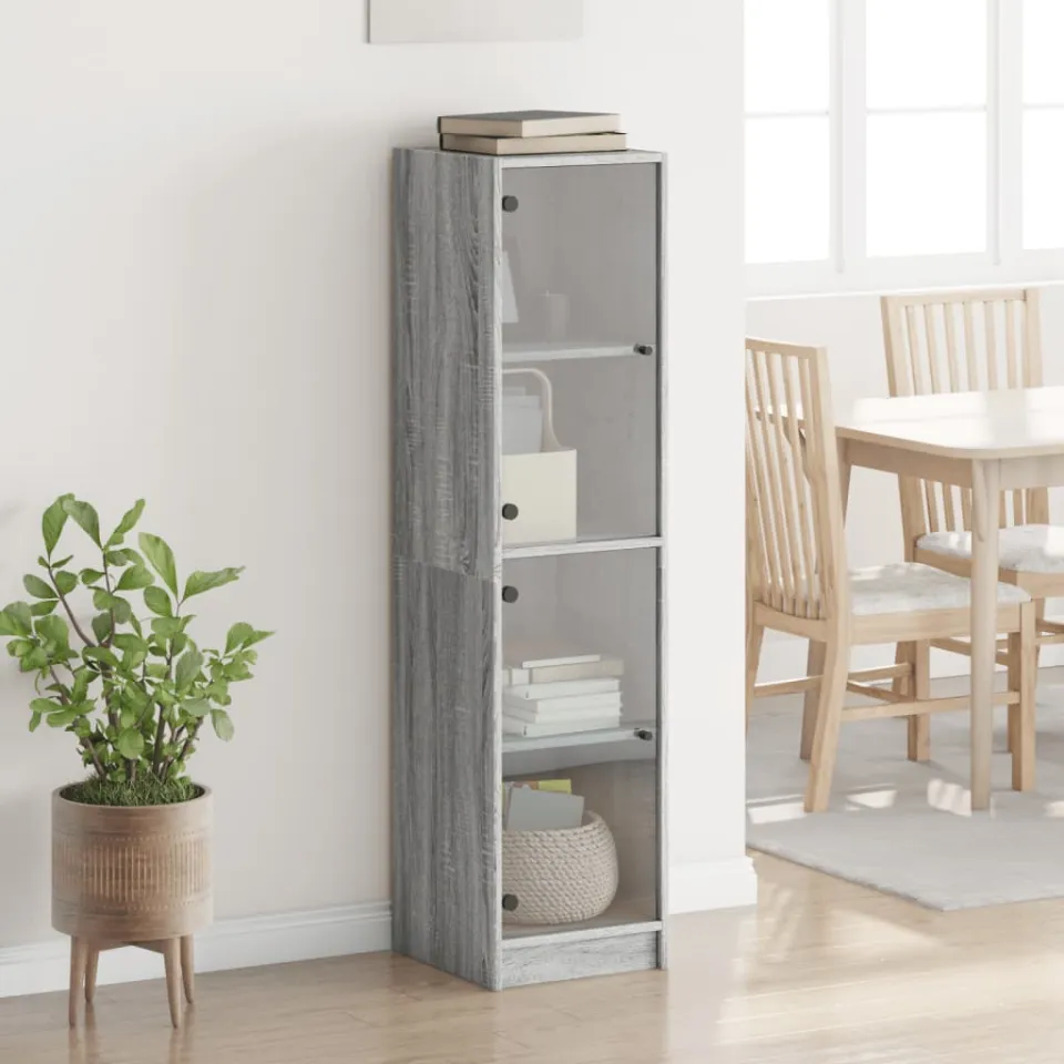 vidaXL Hoge kast met glazen deuren 35x37x142 cm grijs sonoma eiken, foto 3
