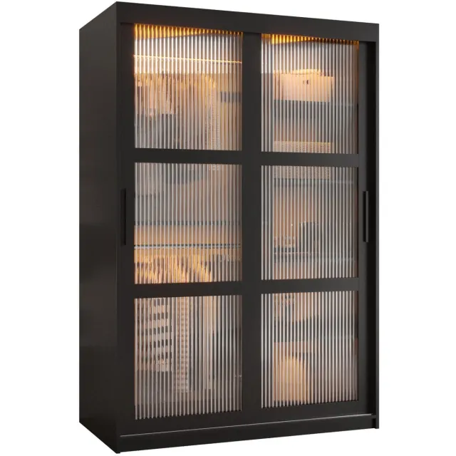 AJE Meubles B.V. Zweefdeurkast Kledingkast met 2 schuifdeuren glanzen slaapkamerkast Kledingstang met planken Garderobekast met geribbeld glas - ARTON (120 cm, Zwart) met lades