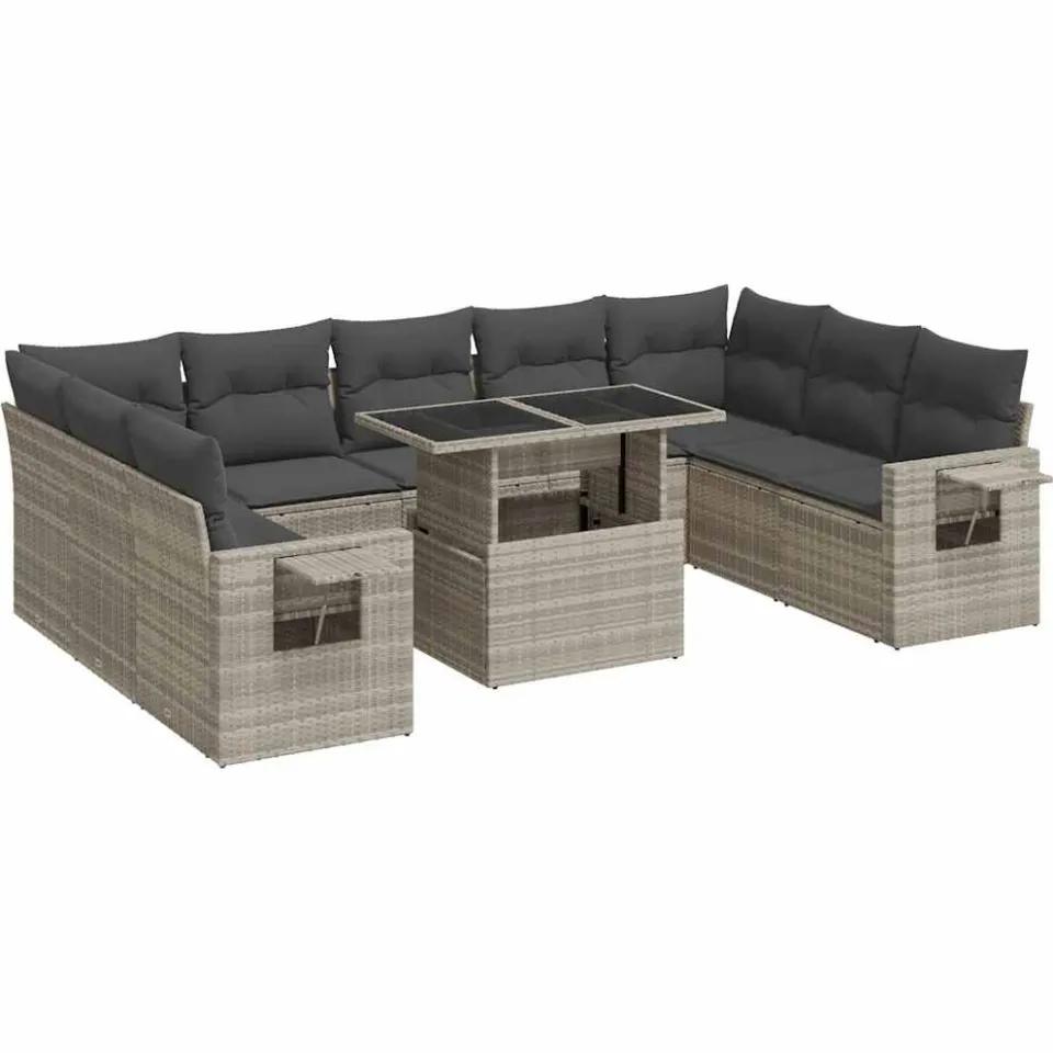 vidaXL 10-delige Loungeset met kussens poly rattan lichtgrijs grijs, foto 3