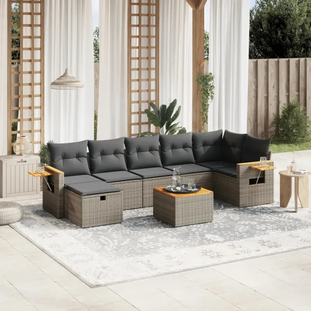 vidaXL 8-delige Loungeset met kussens poly rattan grijs, foto 2