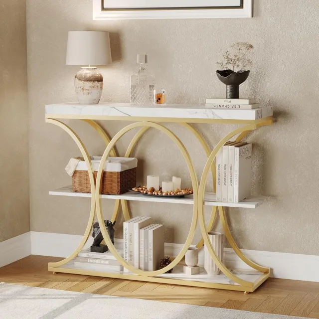 Triumpunpre 3-laags smalle sidetable voor entree en woonkamer, industrieel modern banktafeltje met wit marmerblad en gouden ruitvormig metalen frame, open opbergplanken en waterbestendig decoratietafeltje