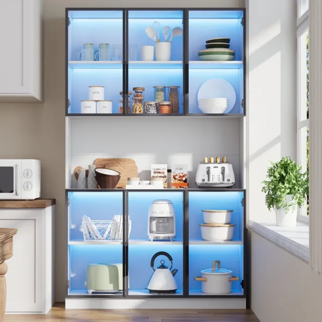 Wishdor Kast - Vitrinekast met 6 glazen deuren en LED-verlichting - modern staand opbergmeubel voor woonkamer of winkelruimte - houtlook wit - 120 x 34 x 200 cm