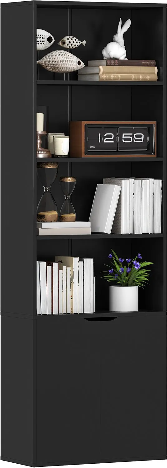 Lunpog Boekenkast met 6 planken - opbergkast - 59 x 29 x 180 cm - zwart - 4 open vakken - 2 deuren