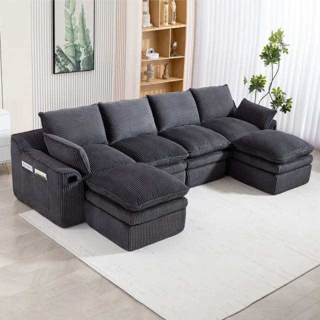 MIVRAY 4-Zits Modulaire Hoekbank 335 x 167 cm - Met Hockers En Zijvakken - Voor Woonkamer Of Kantoor - Corduroy Donkergrijs