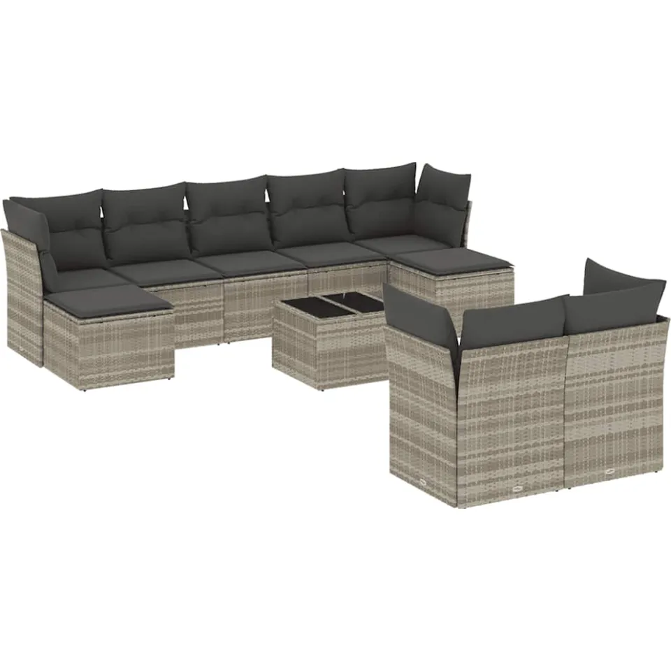 vidaXL 10-delige Loungeset met kussens poly rattan lichtgrijs