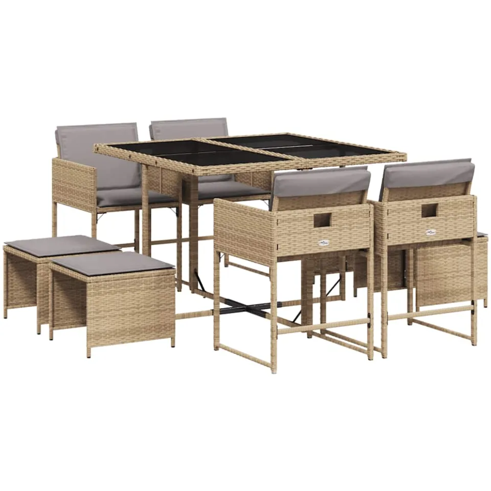 vidaXL 9-delige Tuinset met kussens poly rattan gemengd beige, foto 3