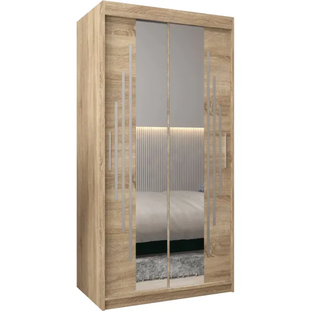 InspireME Kledingkast met 2 schuifdeuren, Modern-stijl, Een kledingkast met planken en een spiegel (BxHxD): 100x200x62 - MALTESE I 100 Sonoma Eik met 2 lades