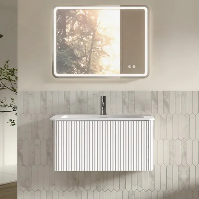 MIVRAY Badkamer Wastafelmeubel Set Met Led Spiegel En 1 Lade Wandhangend Ruimtebesparend Voor Moderne Badkamers Wit 80 Cm