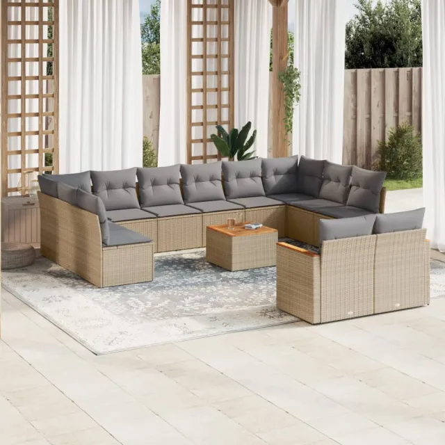 vidaXL 13-delige Loungeset met kussens poly rattan gemengd beige, foto 2