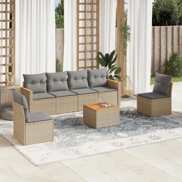 vidaXL 7-delige Loungeset met kussens poly rattan beige, foto 2