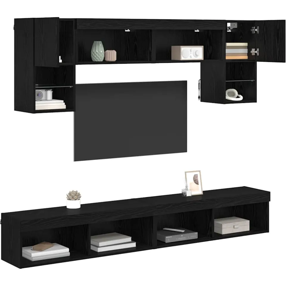 vidaXL TV Wand Eenheden met LED 6 st Zwart Eiken Bewerkt hout, foto 3
