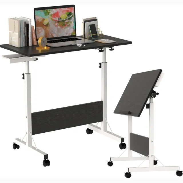 PIPIPOXER Opvouwbare Laptoptafel met wielen, computertafel, bijzettafel, bureau, mobiele statafel, bedtafel, in hoogte verstelbaar, 80x40x64-89cm, Zwart