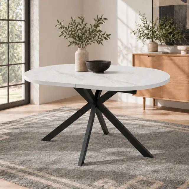 OKWISH Uitschuifbare Eettafel - Ovaal Blad voor 4 tot 6 Personen - Voor Eetkamer en Keuken - Wit MDF met Metalen Poten - 120 tot 160 × 80 cm
